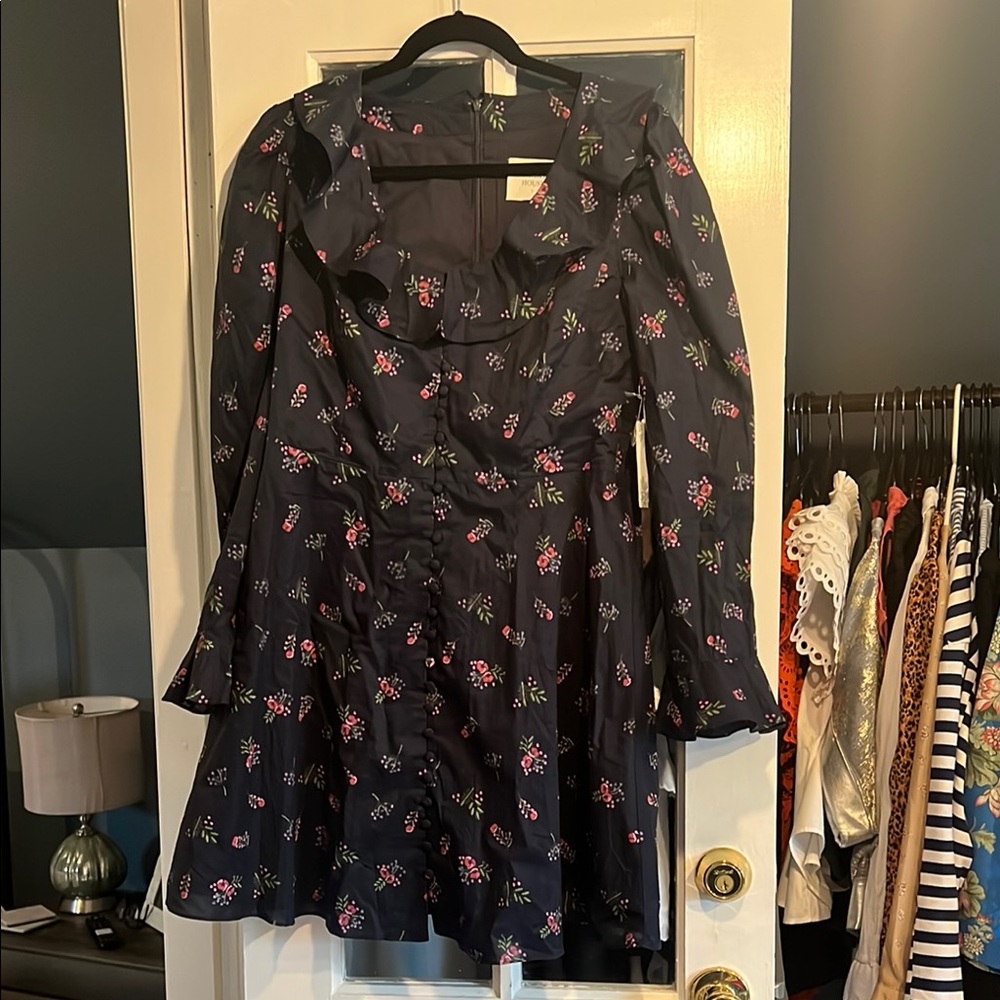 Pink and Blue Mini Dress with Long Bell Sleeves for Cocktail